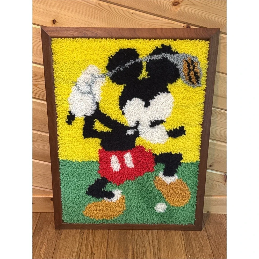 Vintage Latch & Hook Rug Wall Art Golfing Mickey Mouse 70's 30